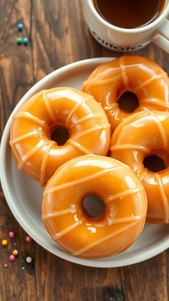 A plate of golden glazed donuts with sprinkles on a wooden table next to a cup of coffee.